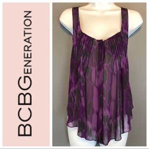 BCBGeneration flowy sheer purple print tank top